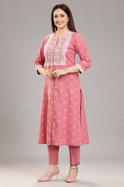 Peach Cotton Straight Embroidered Kurta Pant Co-ord Set for women