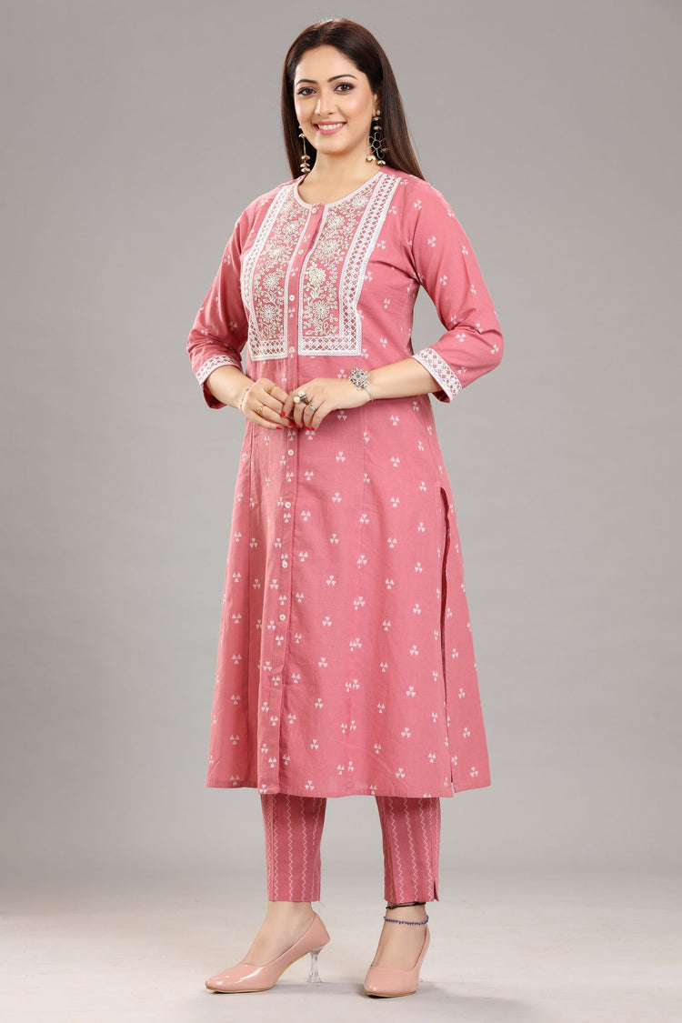 Peach Cotton Straight Embroidered Kurta Pant Co-ord Set for women