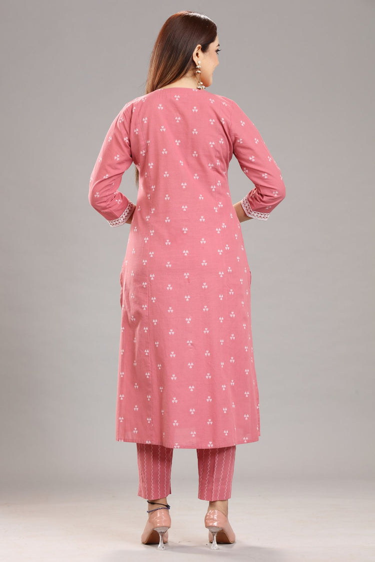 Peach Cotton Straight Embroidered Kurta Pant Co-ord Set for women