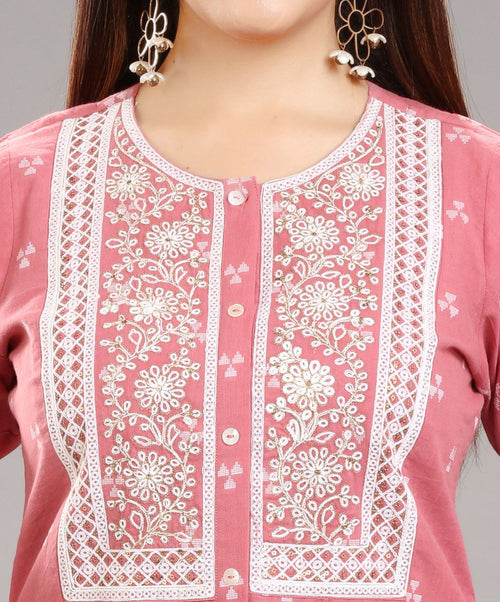 Peach Cotton Straight Embroidered Kurta Pant Co-ord Set for women