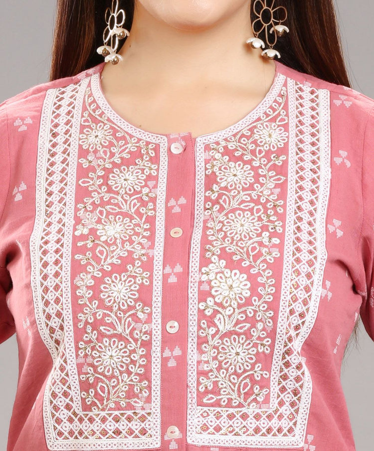 Peach Cotton Straight Embroidered Kurta Pant Co-ord Set for women