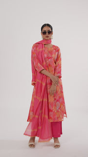 Peach Chinnon Floral Printed Straight Kurta Pant and Dupatta Suit Set