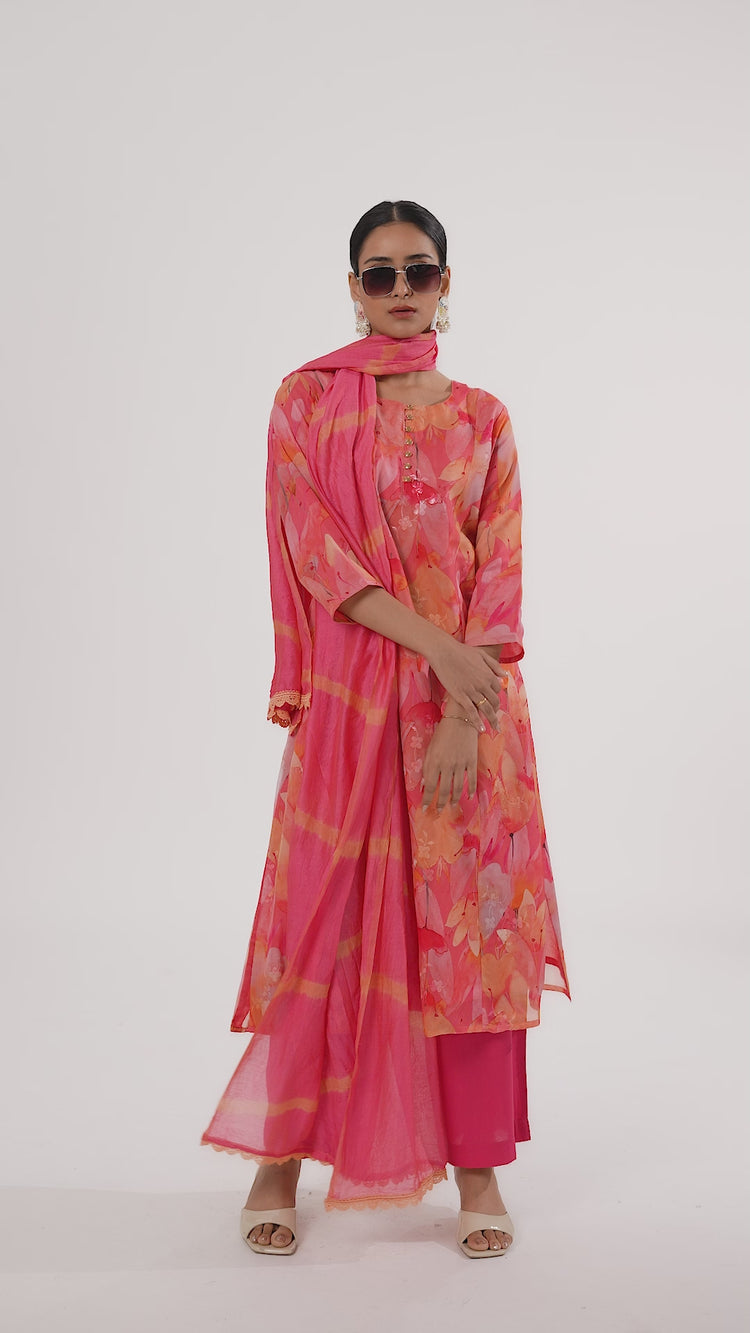 Peach Chinnon Floral Printed Straight Kurta Pant and Dupatta Suit Set