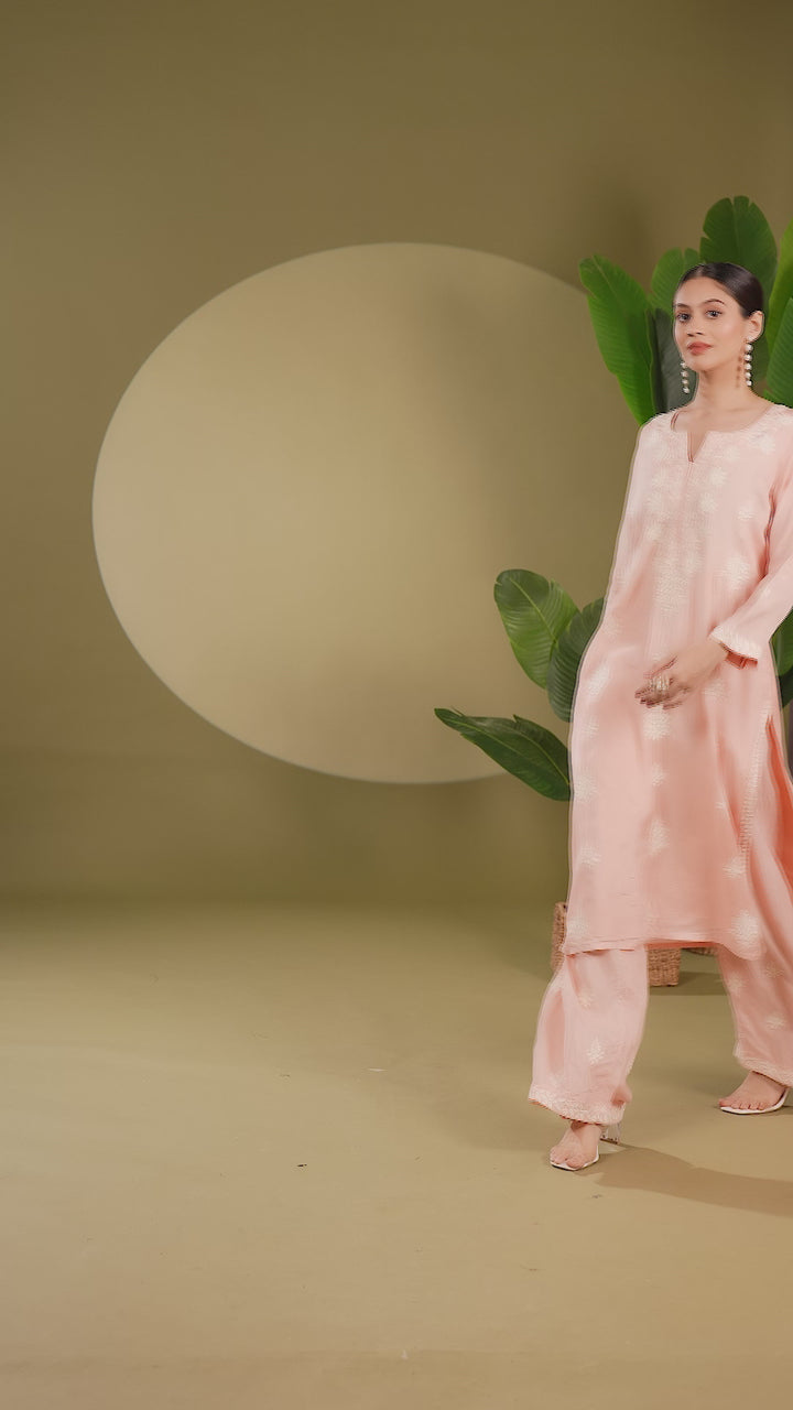 Light Pink Santoon Embroidered Straight Kurta Pant Co ord Set