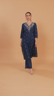 Indigo Blue Handloom Cotton Embroidered Straight Kurta Pant Co ord Set
