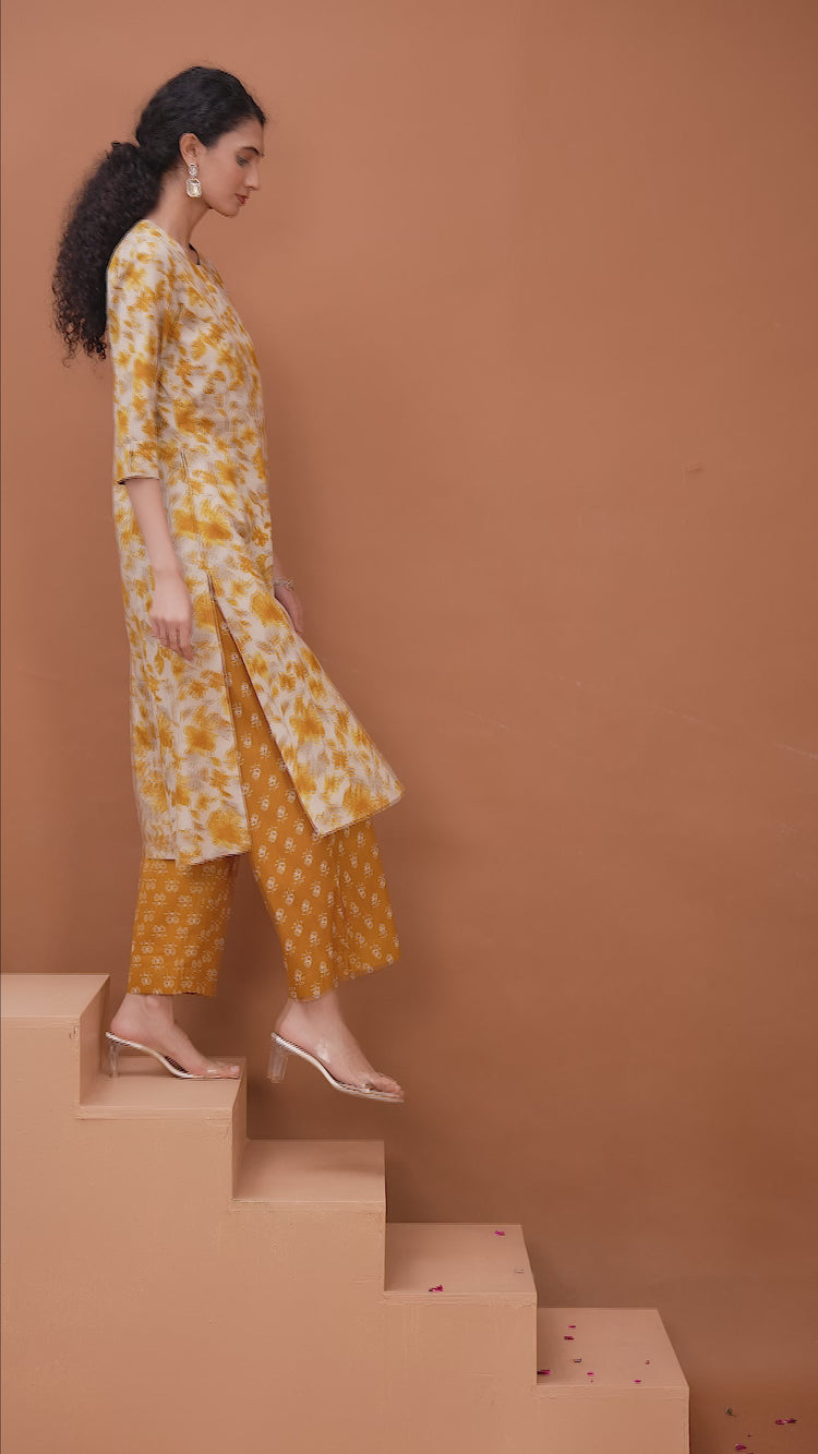 Yellow Floral Printed A-Line Cotton Co-ord Set