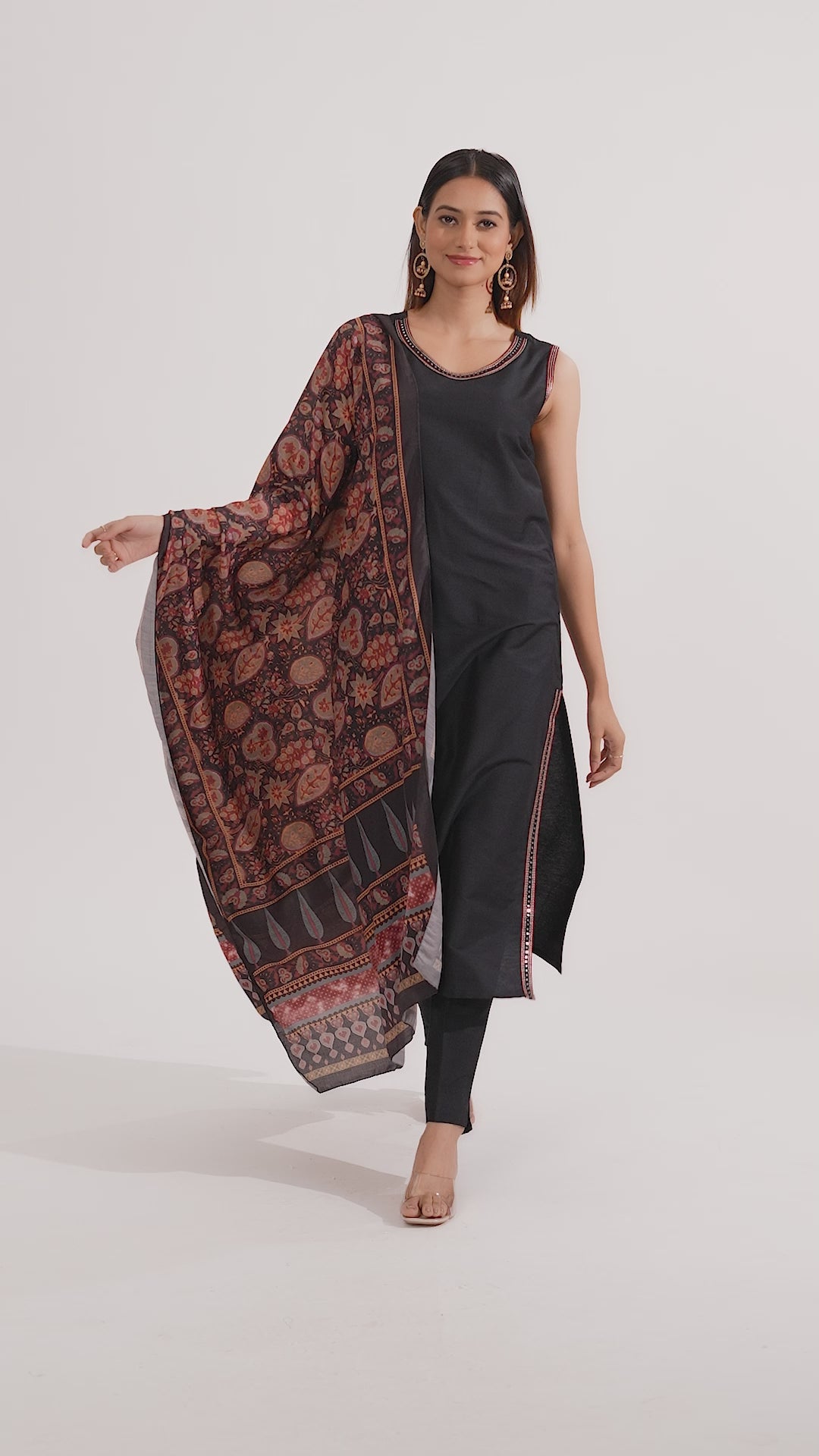 Black PolySilk Embroidered A Line Sleeveless Kurta Pant and Dupatta Suit Set