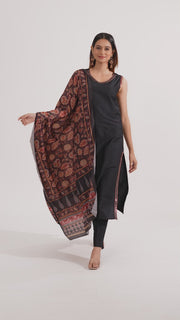 Black PolySilk Embroidered A Line Sleeveless Kurta Pant and Dupatta Suit Set