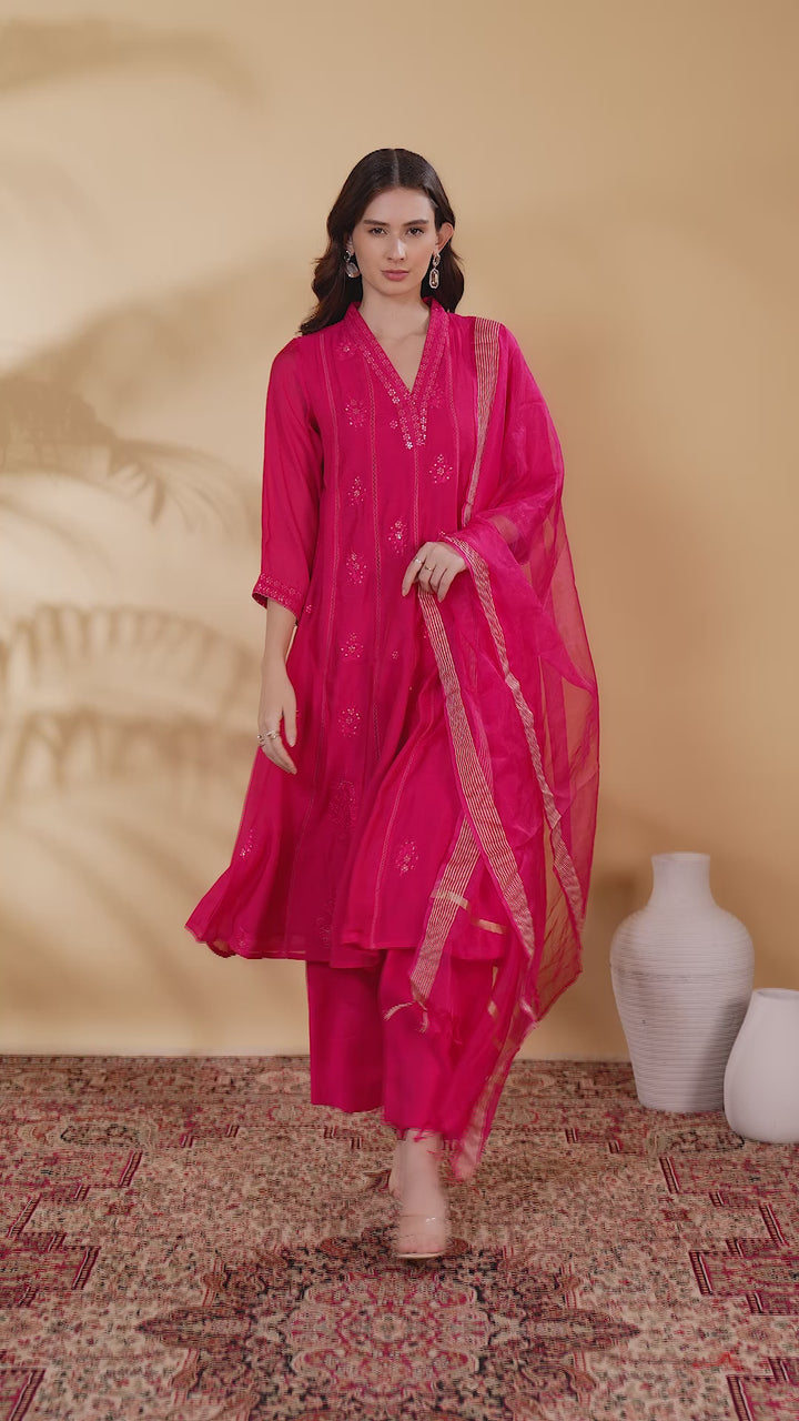 Pink PolySilk Embroidered A Line Kurta Pant and Dupatta Suit Set