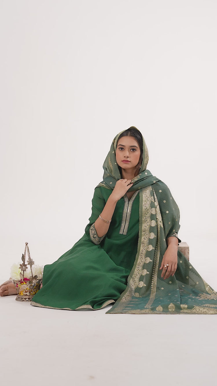 Bottle Green Chanderi Embroidered A Line Kurta Pant and Dupatta Suit Set