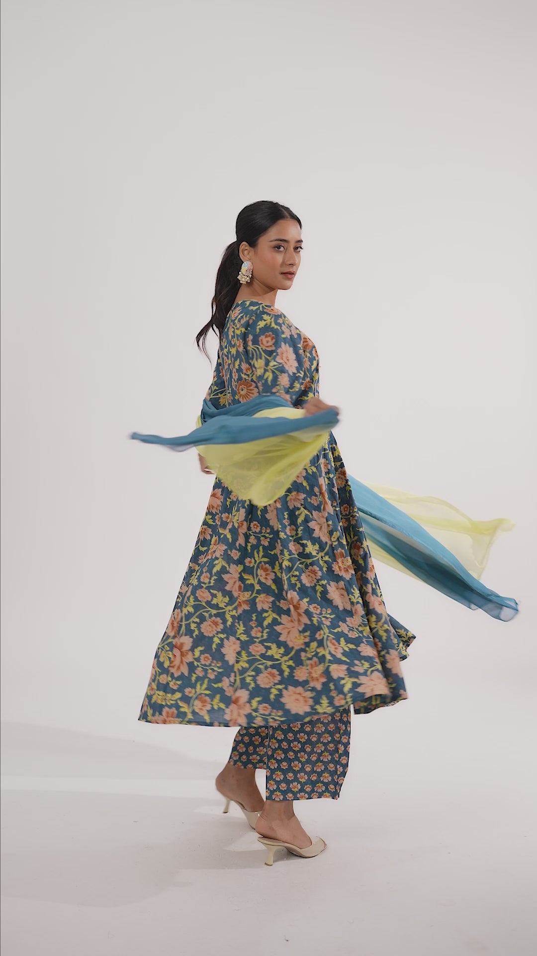 Teal Jaipuri Cotton Printed Gathered Kurta Pant and Dupatta Suit Set
