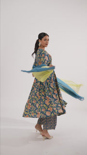 Teal Jaipuri Cotton Printed Gathered Kurta Pant and Dupatta Suit Set