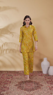 Mustard Viscose Printed Straight Kurta Pant Co ord Set