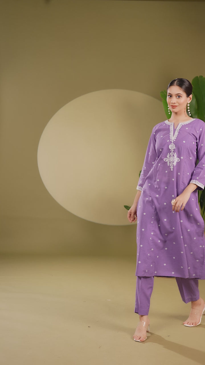 Lavender Handloom Cotton Embroidered A Line Kurta Pant Co ord Set