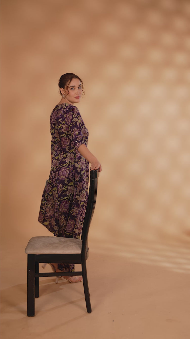 Purple Jaipuri Cotton Floral Printed A Line Kurta Pant Co ord Set