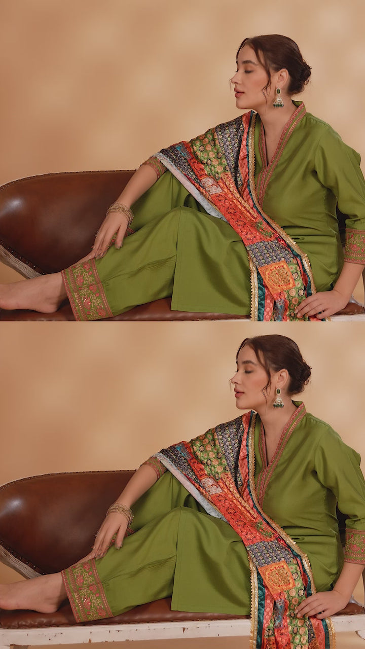 Light Green Embroidered Roman Silk A Line Kurta Pant and Dupatta Suit Set for women
