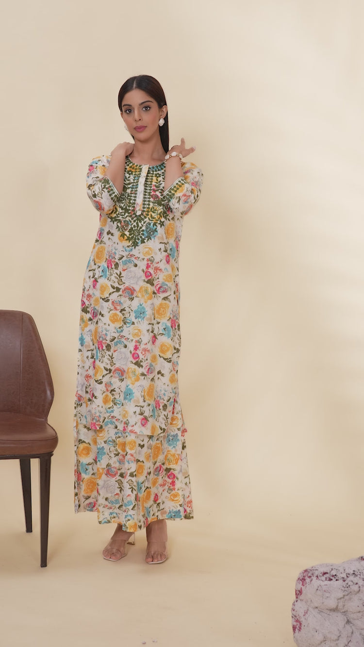 Off White Embroidered Cotton Straight Kurta Pant Co ord Set for women