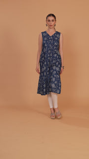 Indigo Blue Cotton Printed Sleeveless Kurta