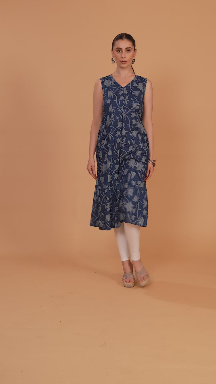 Indigo Blue Cotton Printed Sleeveless Kurta