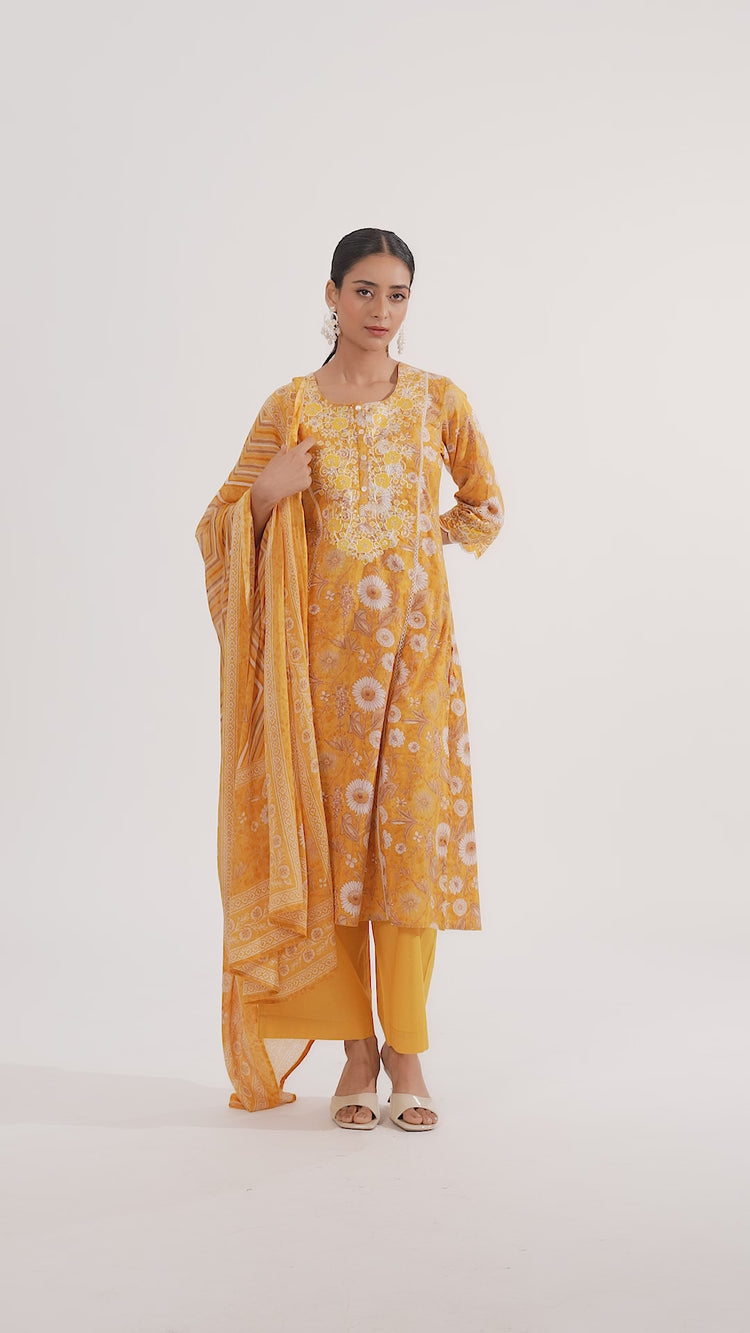 Yellow Cotton Embroidered Straight Kurta Pant and Dupatta Suit Set
