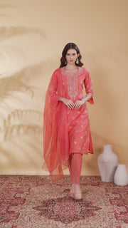 Peach Chanderi Embroidered Straight Kurta Pant and Dupatta Suit Set