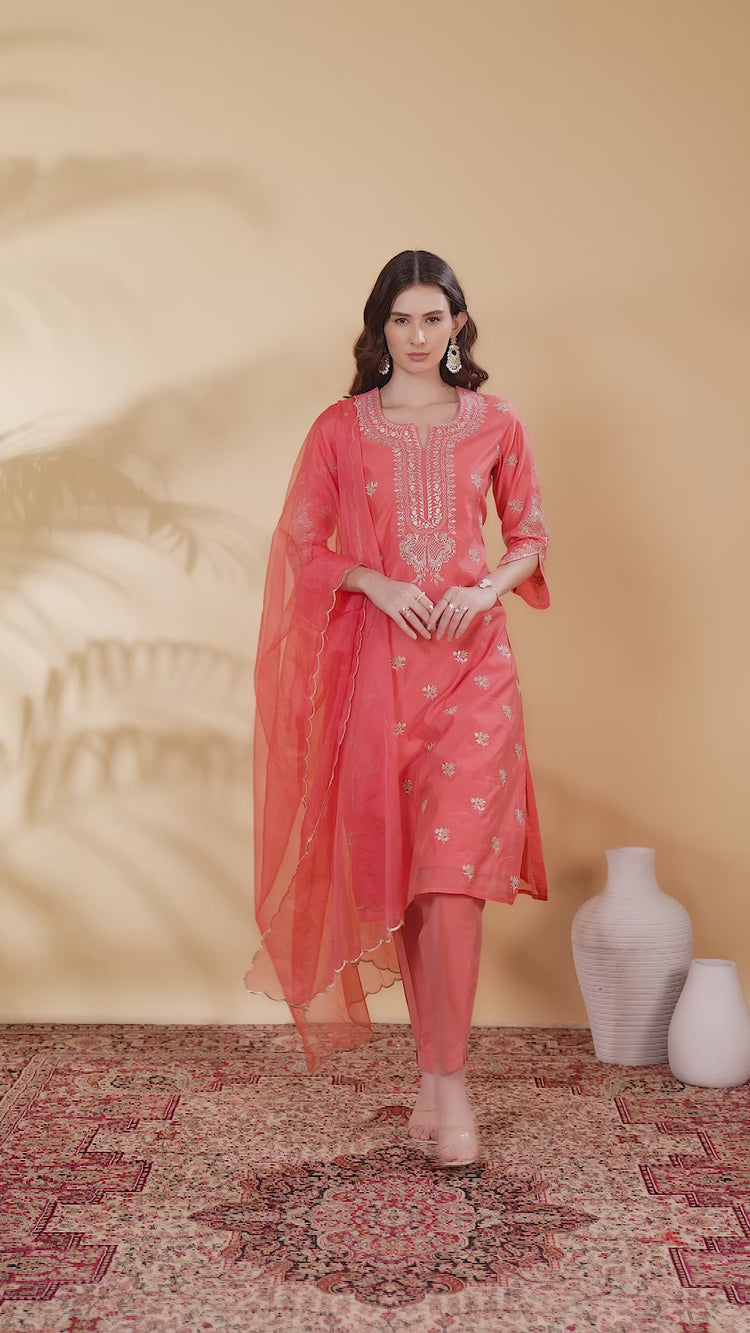 Peach Chanderi Embroidered Straight Kurta Pant and Dupatta Suit Set