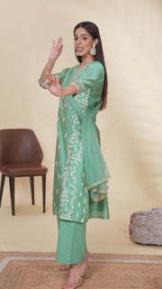 Mint Green Embroidered Chanderi A Line Kurta Pant Dupatta Suit Set for women