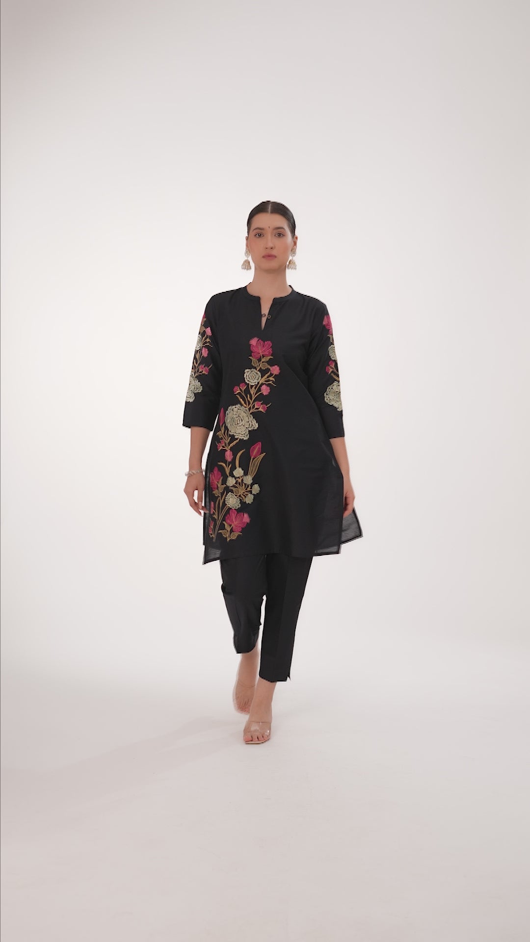 Black PolySilk Embroidered Straight Kurta Pant Co ord Set