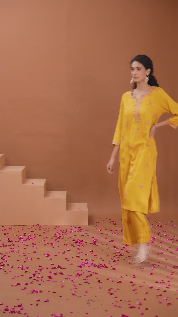 Yellow Embroidered Straight Cotton Co-ord Set