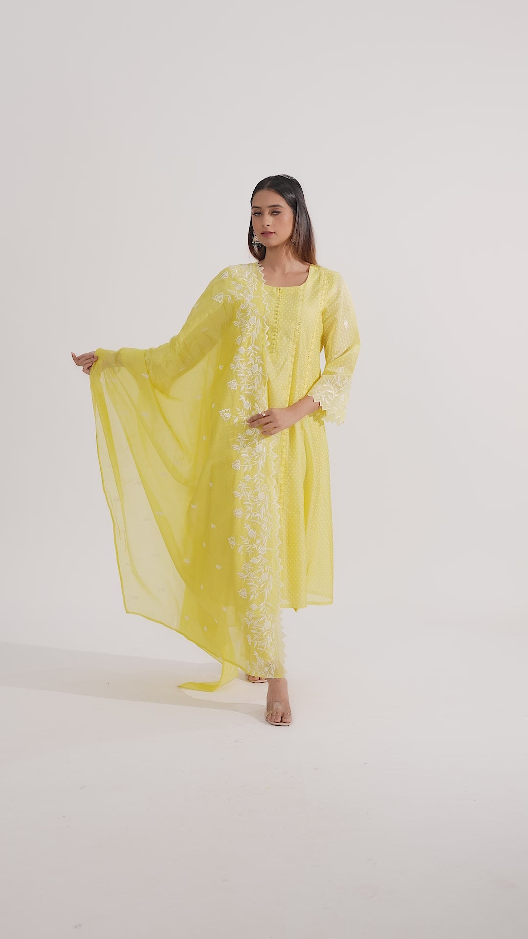 Light Yellow Chanderi Embroidered A Line Kurta Pant and Dupatta Suit Set