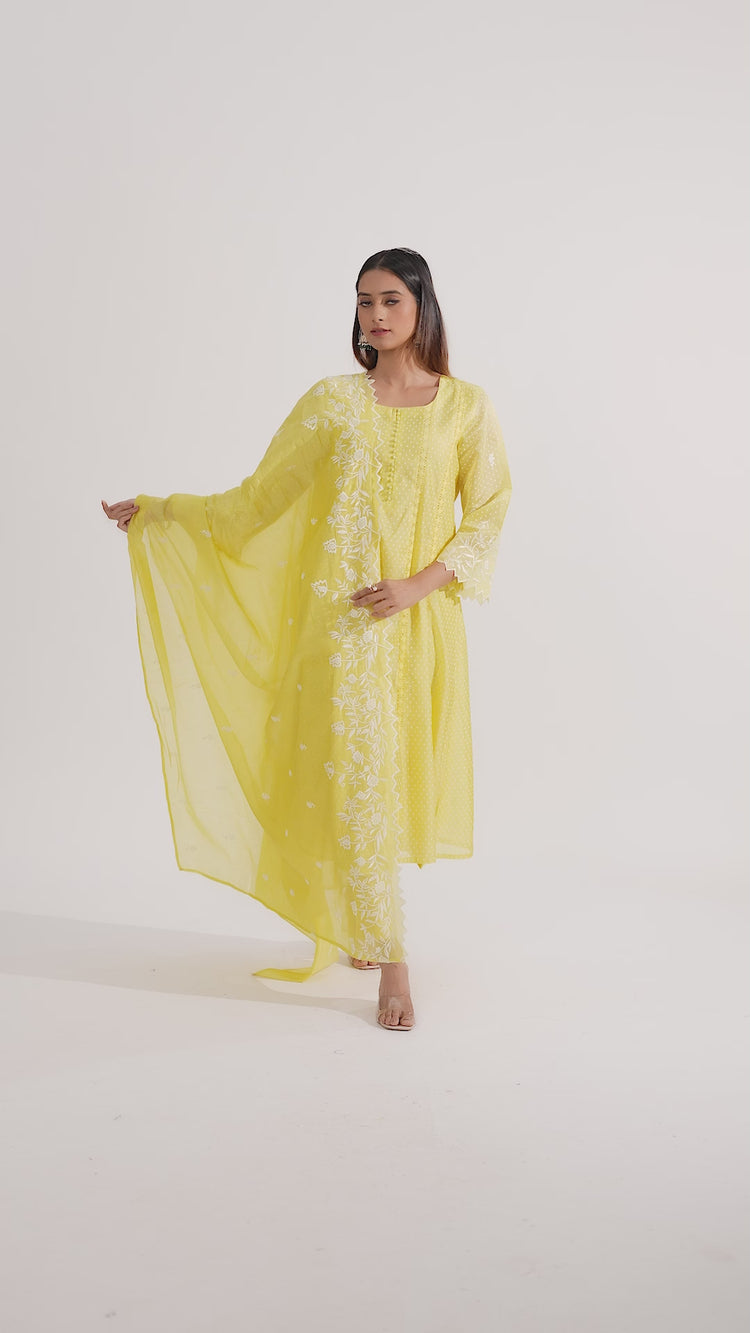 Light Yellow Chanderi Embroidered A Line Kurta Pant and Dupatta Suit Set