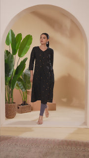 Black Polka Dot Pattern A-Line Kurta