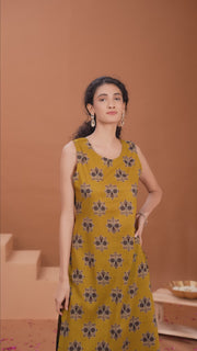 Mustard Floral Printed Cotton A Line Co-ord Set