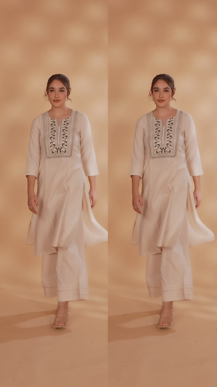 Cream Embroidered Flex Cotton Straight Kurta for women