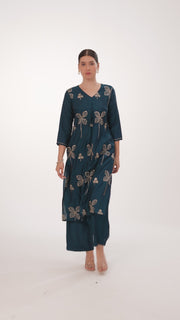 Teal Roman Silk Embroidered Straight Kurta Pant Co ord Set