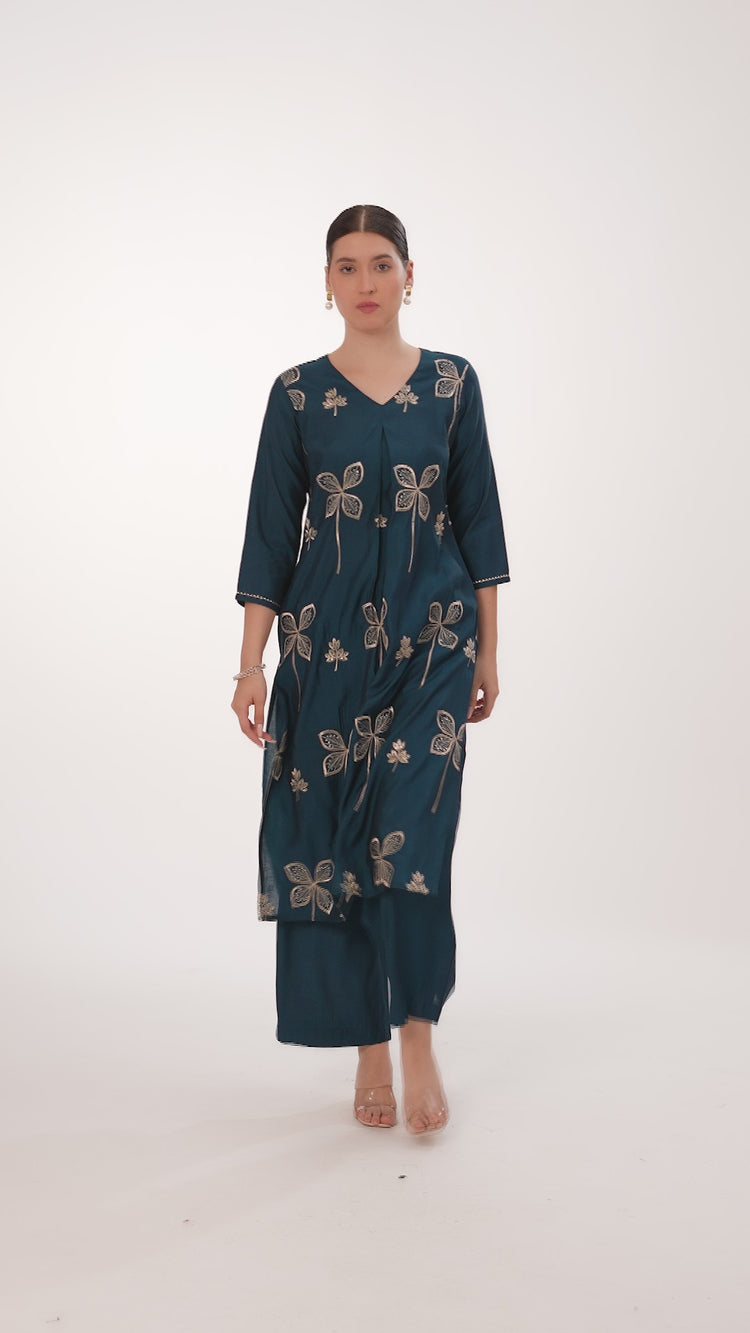 Teal Roman Silk Embroidered Straight Kurta Pant Co ord Set