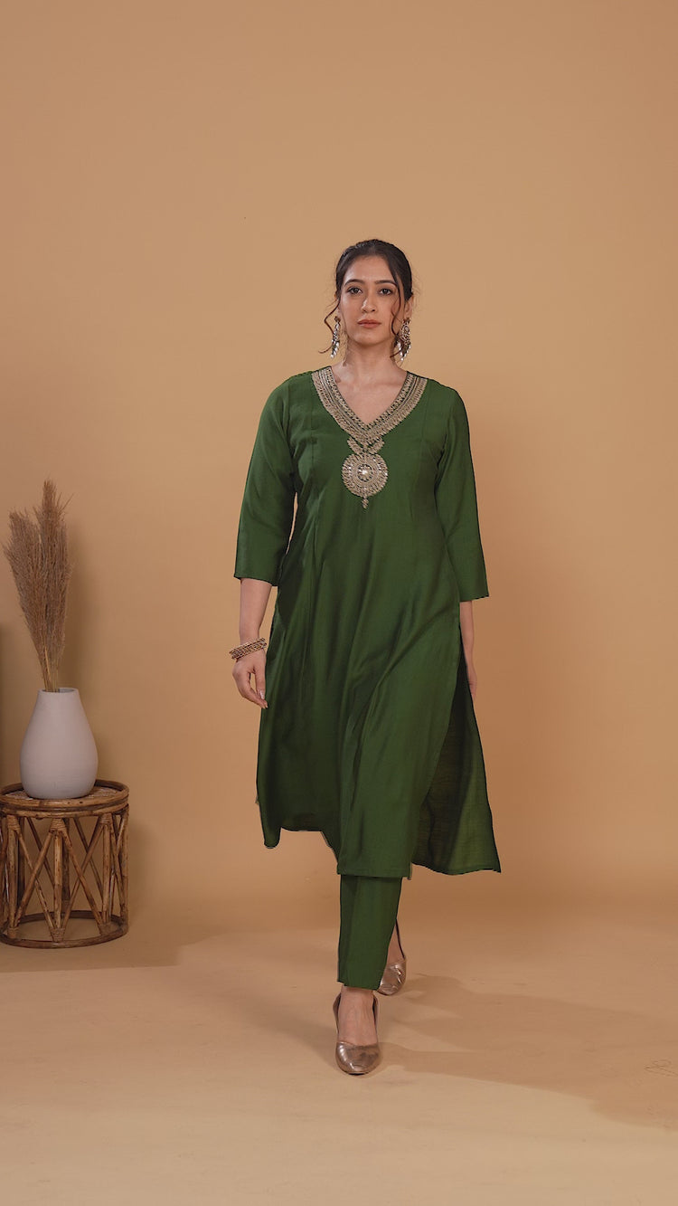 Green Embroidered Straight Co ord Set