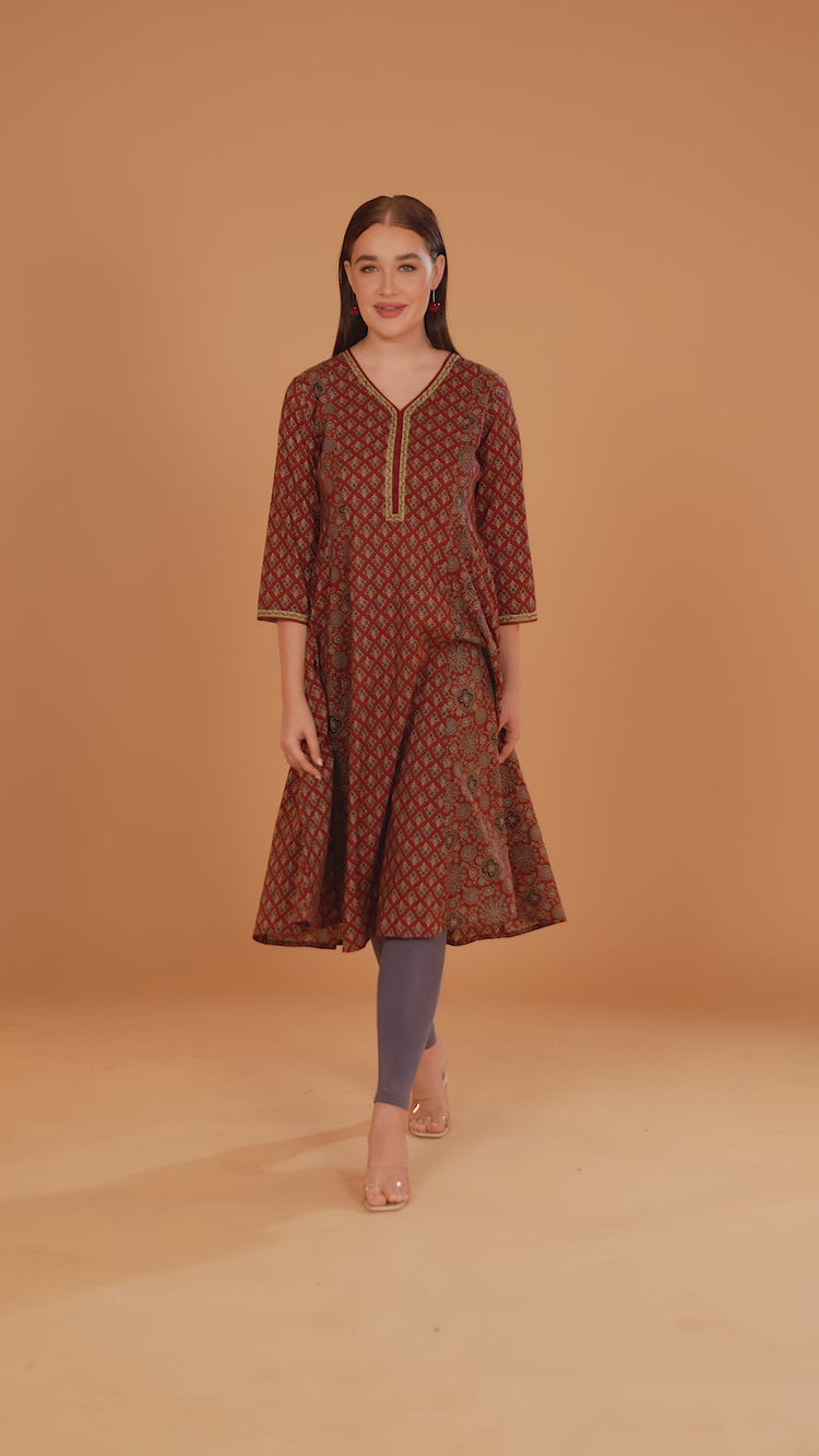 Rust Printed Cotton A Line Kurta