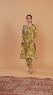 Dark Mustard Cotton Floral Printed A Line Kurta Pant Co ord Set