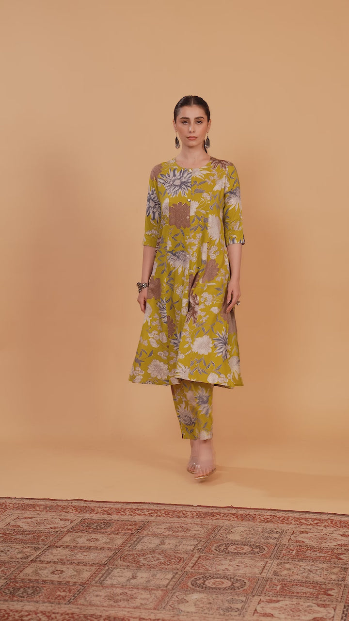Dark Mustard Cotton Floral Printed A Line Kurta Pant Co ord Set