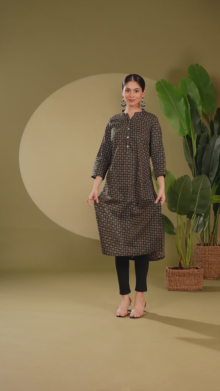 Dark Green Jaipuri Cotton Printed Straight Kurta