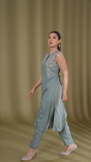 Soft Blue Embroidered Straight Co ord Set