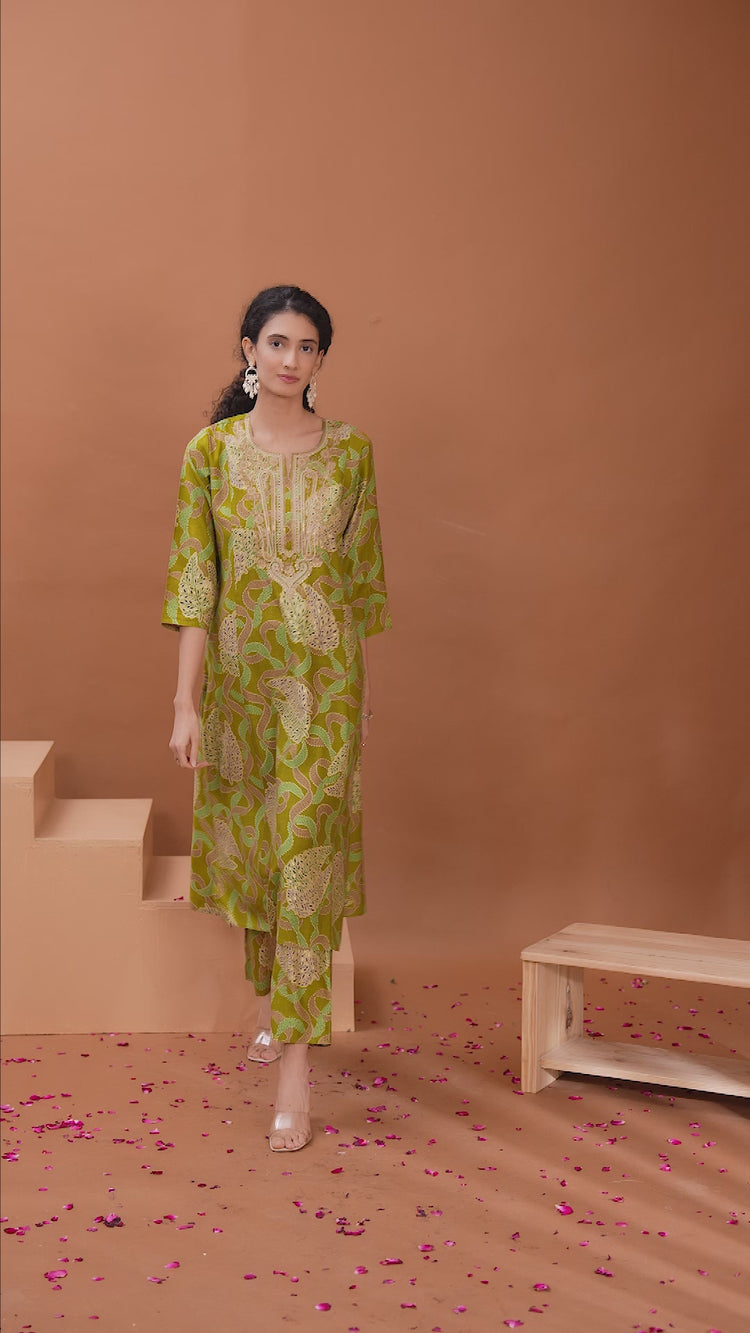 Light Olive Green Embroidered Straight Co ord Set