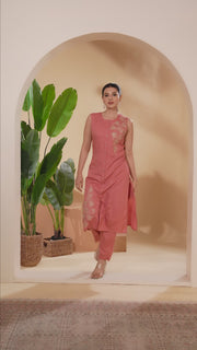 Peach Embroidered Straight Co ord Set