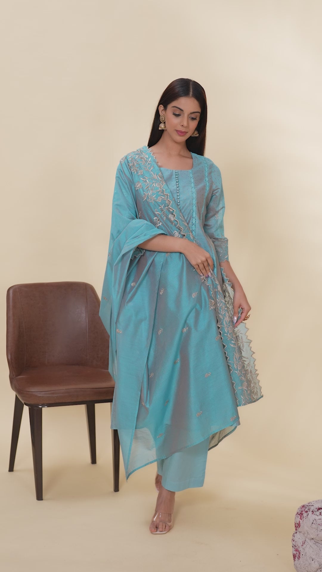 Turquoise Chanderi Kalidar Embroidered Kurta Palazzo and Dupatta Suit Set