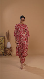 Peach Floral Printed Cotton Straight Co ord Set