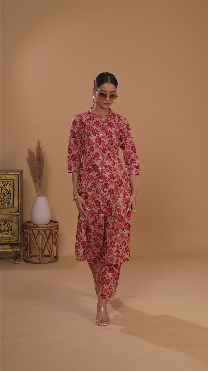 Peach Floral Printed Cotton Straight Co ord Set