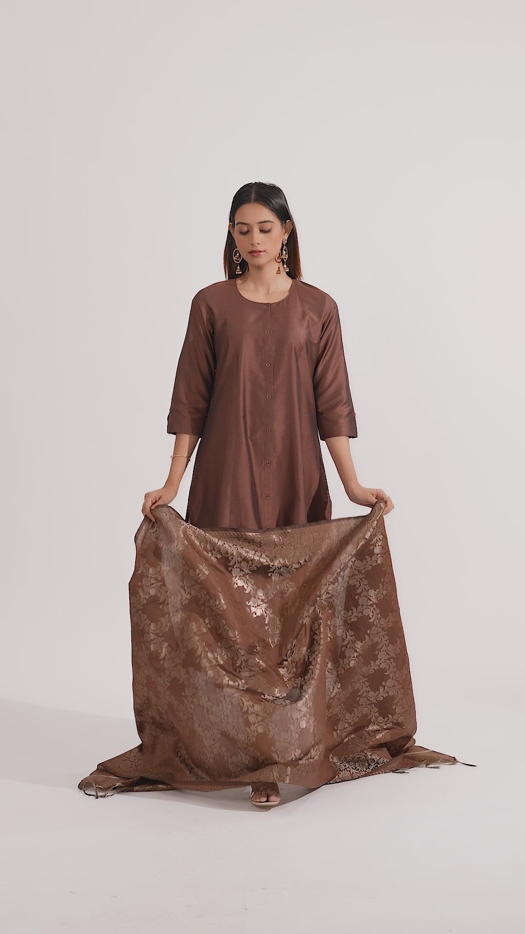 Brown PolySilk Solid A Line Kurta Pant and Dupatta Suit Set