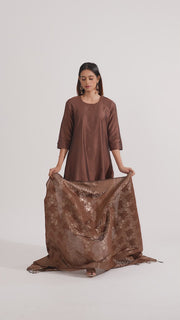 Brown PolySilk Solid A Line Kurta Pant and Dupatta Suit Set