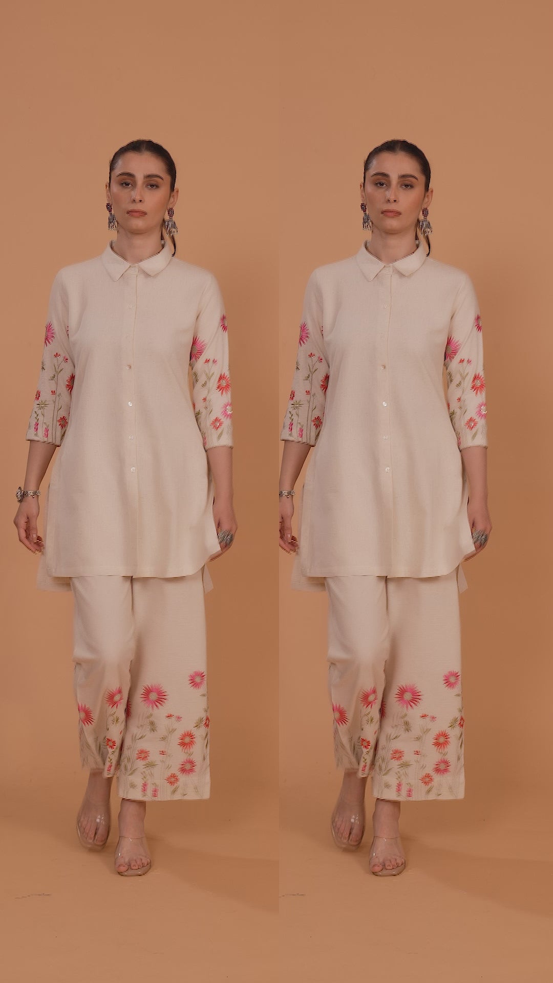 Cream Cotton Flex Embroidered Straight Kurta Pant Co ord Set